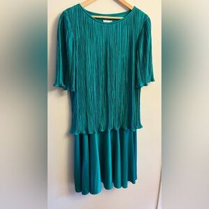 Vintage Satin Micro Pleat Midi Dress Wedding Guest 80s Jewel Tone Teal